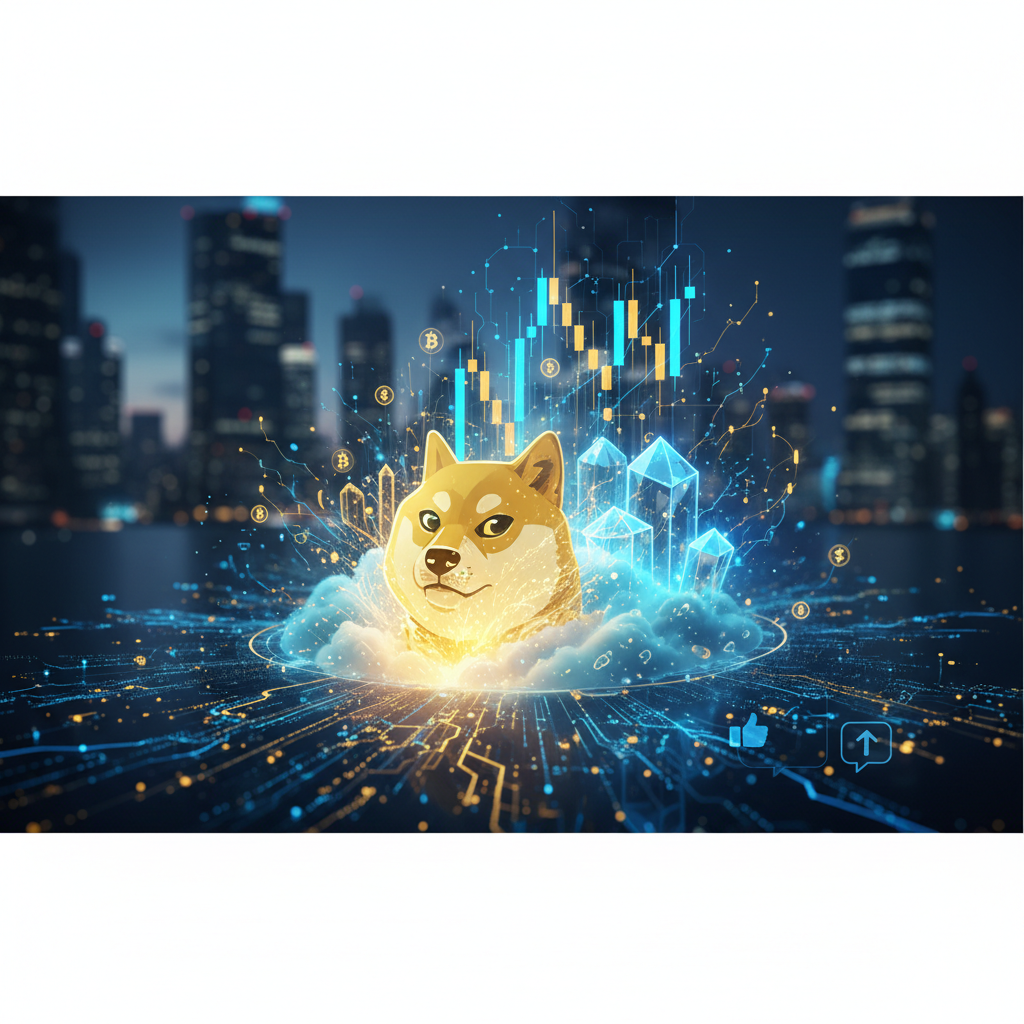 Dogecoin Volume Spikes on Social Media - Financial market analysis illustration
