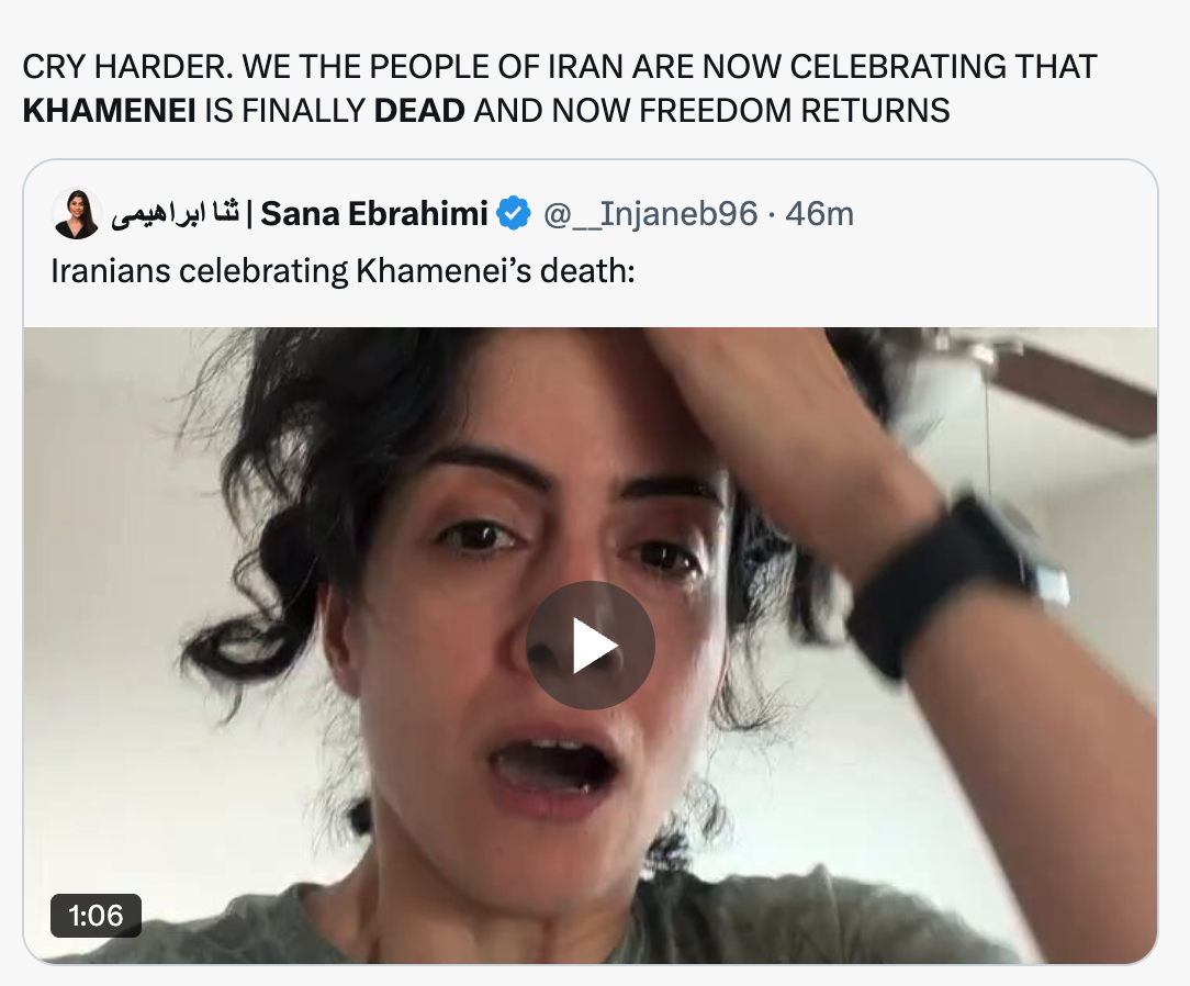 Videos show Iranians celebrating after reports of Supreme Leader Khamenei's death.