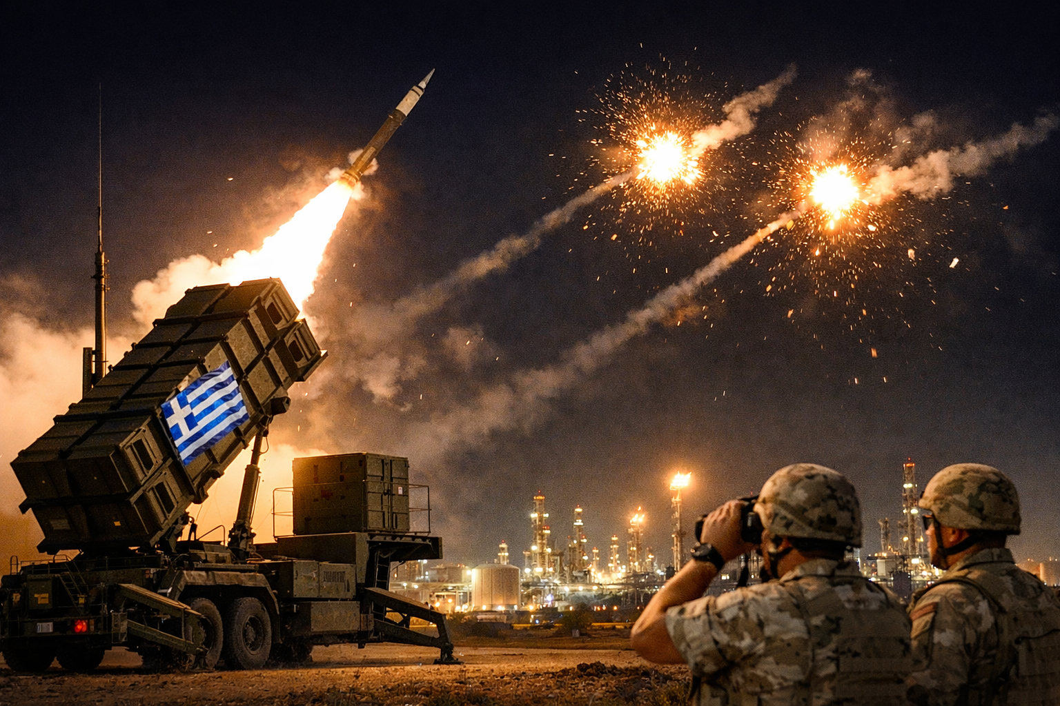Greek Patriot missile defense system firing, with oil infrastructure in the background under a tense sky.