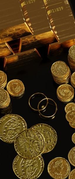 a table topped with lots of gold coins