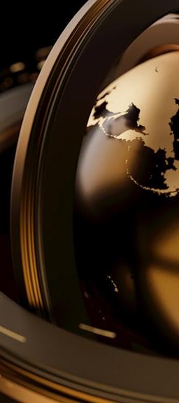 A golden globe is surrounded by abstract rings.